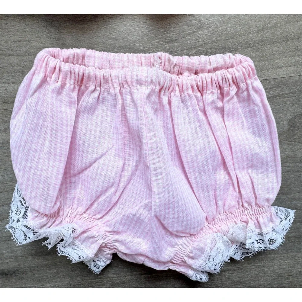 Vintage Bryan Pink Gingham Dress Bloomers Set Lace Rose Newborn 0-3 Months